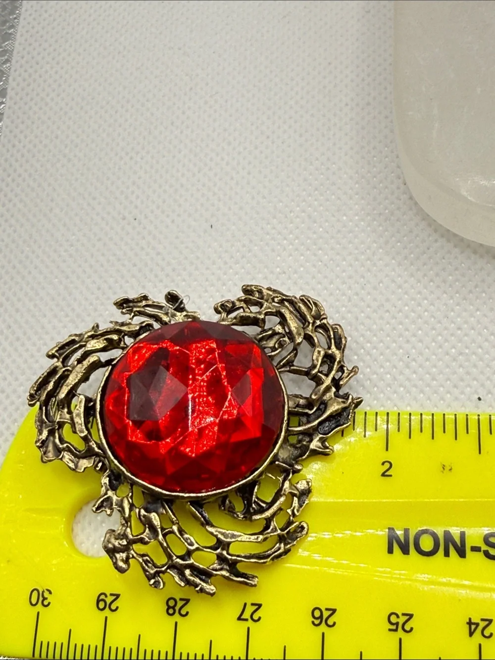 Faceted Antique-Style Red Stone Brooch in Aged Gold Tone metal brutalist dome